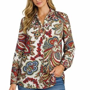 Vintage Gammon Paisley Button Down Blouse Red Blue Yellow Size 12 Long Sleeve‎